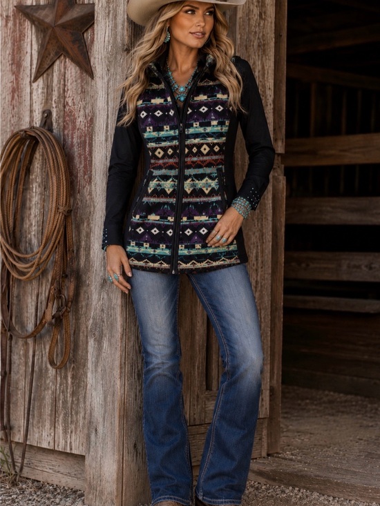 Cowgirl Tuff Jackets & Blazers - Cow girl Tough Aztec Print fitted Zip-Up Vest - Multicolor